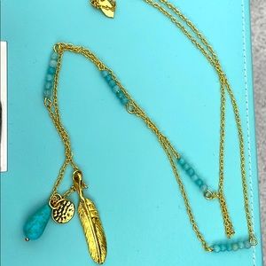 Gold Feather And Turquoise Necklace